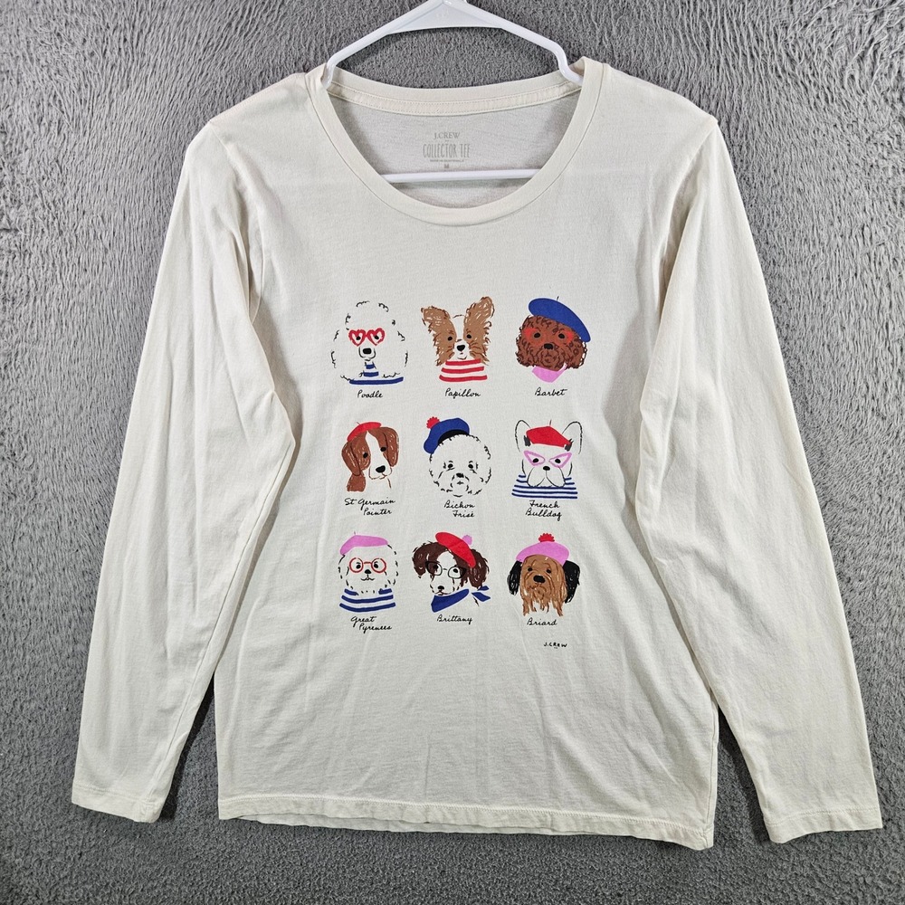 J.Crew Collector Tee‎ Womens Medium Ivory Dog Graphic Long Sleeve Cotton T-Shirt